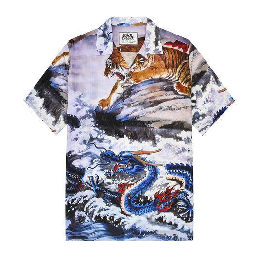 Tiger Dragon Pattern Button Camp Collar Short Sleeve Shirt