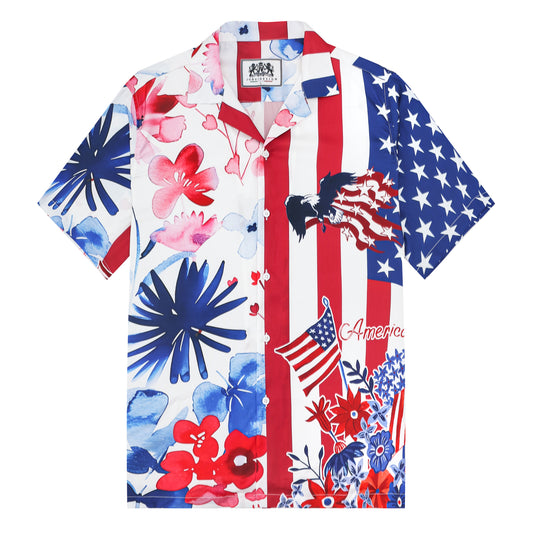 American Flag Floral Pattern Camp Collar Casual Shirt for Men