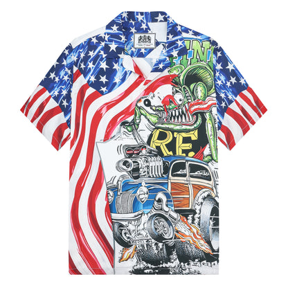 American Flag Mouse Modified Car Print Camp Collar Short Sleeve Shirt