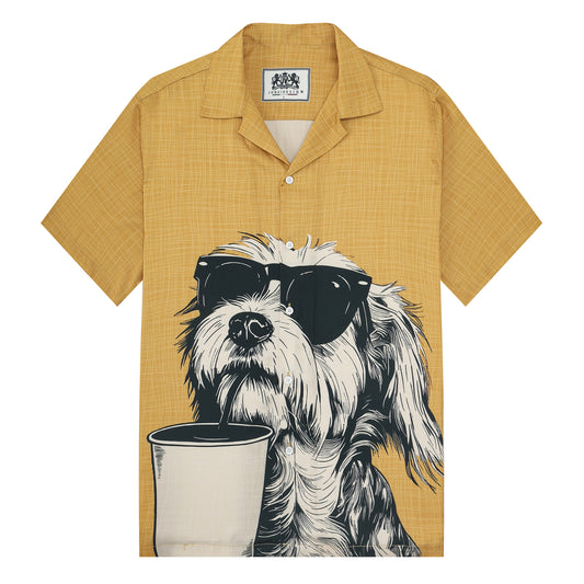 Puppy Drinking Coffee Print Camp Collar Short Sleeve Shirt