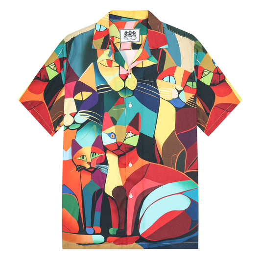 Colorful Cats Camp Collar Short Sleeve Shirt