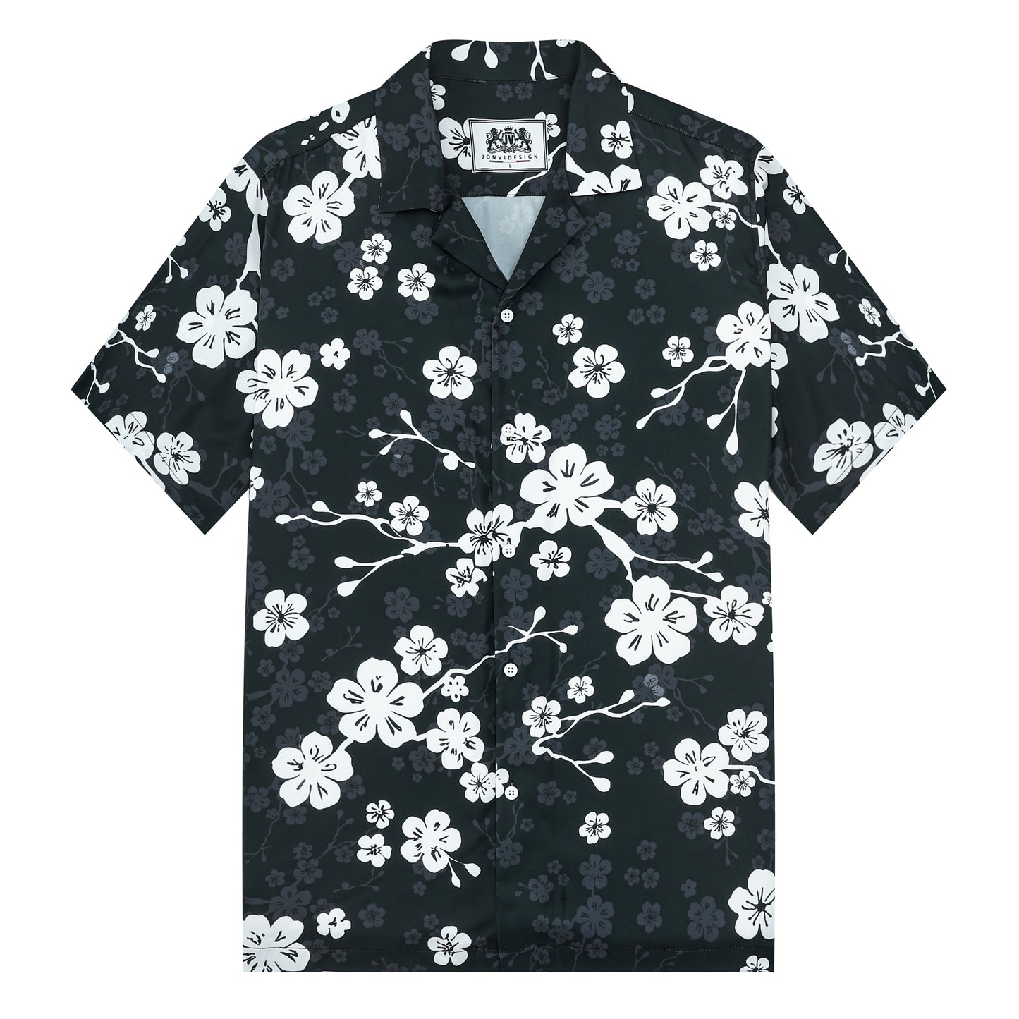 White Plum Blossom Print On Black Background Camp Collar Short Sleeve Shirt