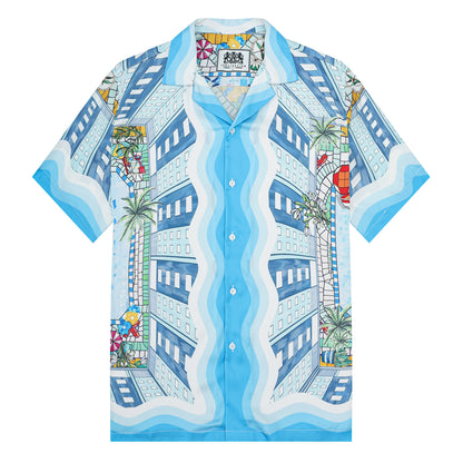 Resort Pool Print Camp Collar Short Sleeve Shirt