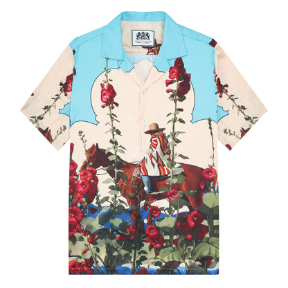 Horseback Riding Flower Print Camp Collar Short Sleeve Shirt