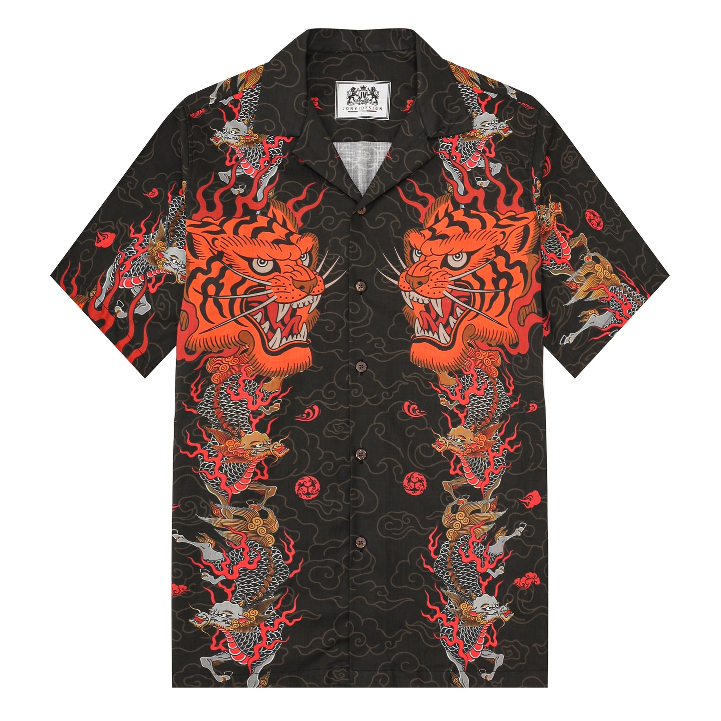 Dragon Tiger Pattern Button Camp Collar Short Sleeve Shirt