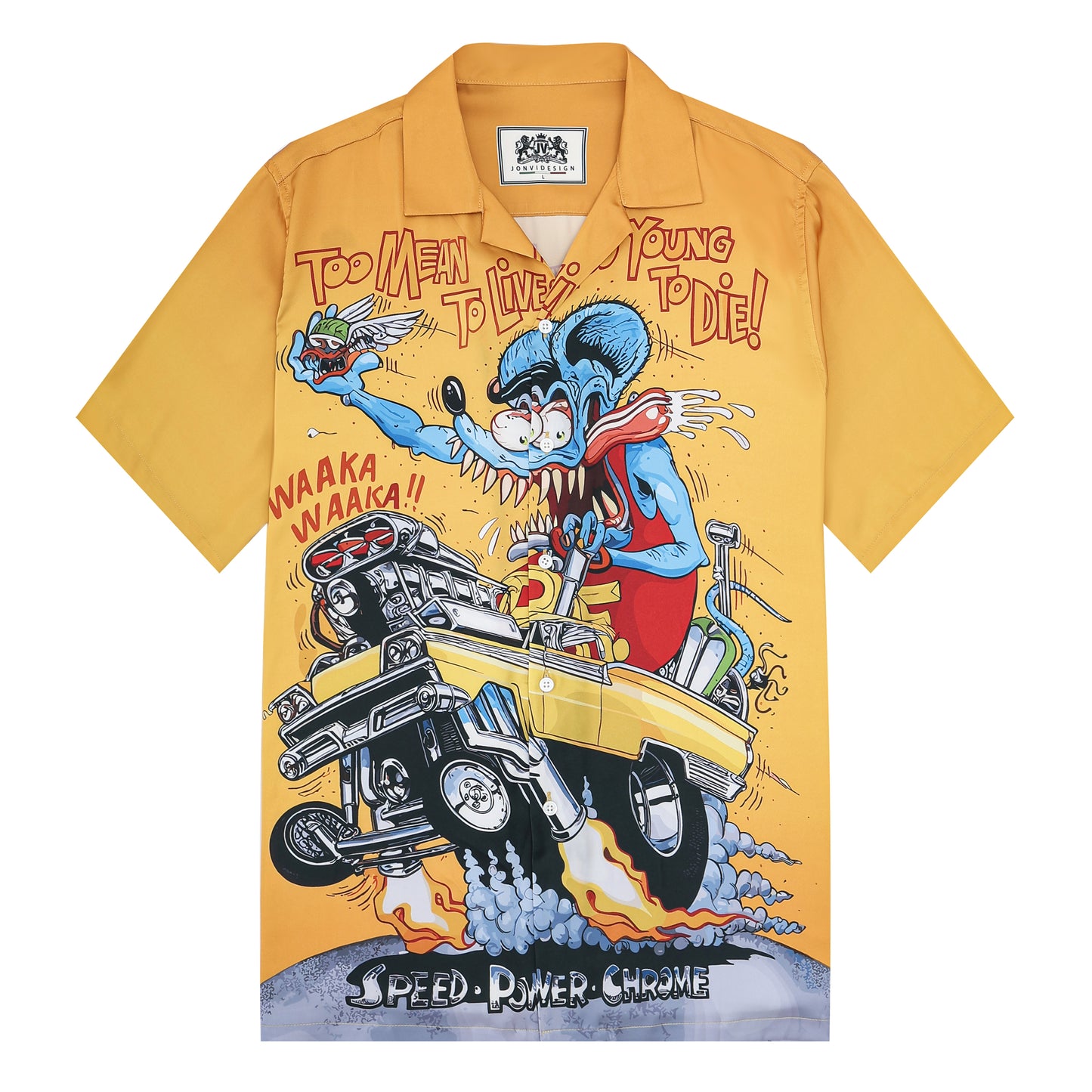 Modified Car Print Yellow Car Camp Collar Short Sleeve Shirt