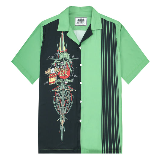 Black And Green Color Block Mouse Print Camp Collar Short Sleeve Shirt For Men