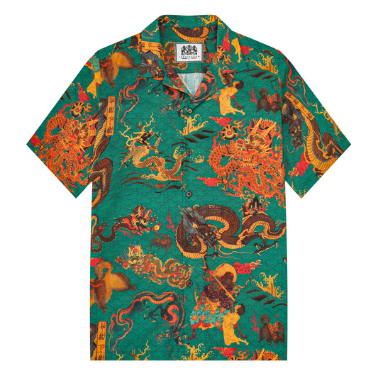 Hawaiian Dragon Pattern Camp Collar Short Sleeve Shirt