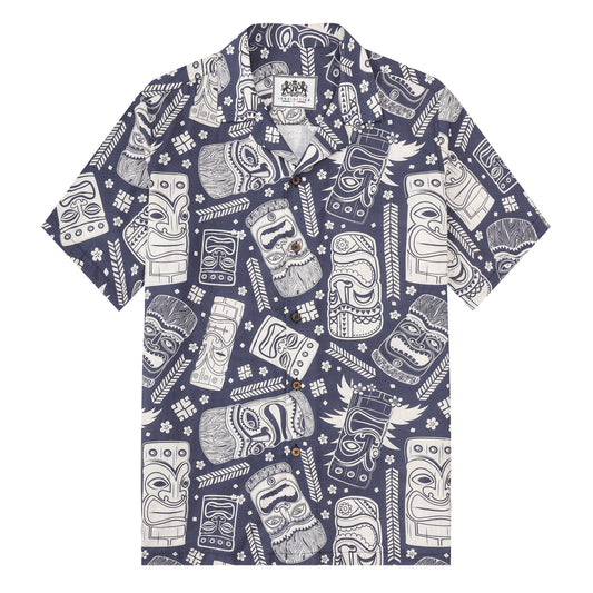 Tiki Statue Pattern Short Sleeve Camp Collar Shirt