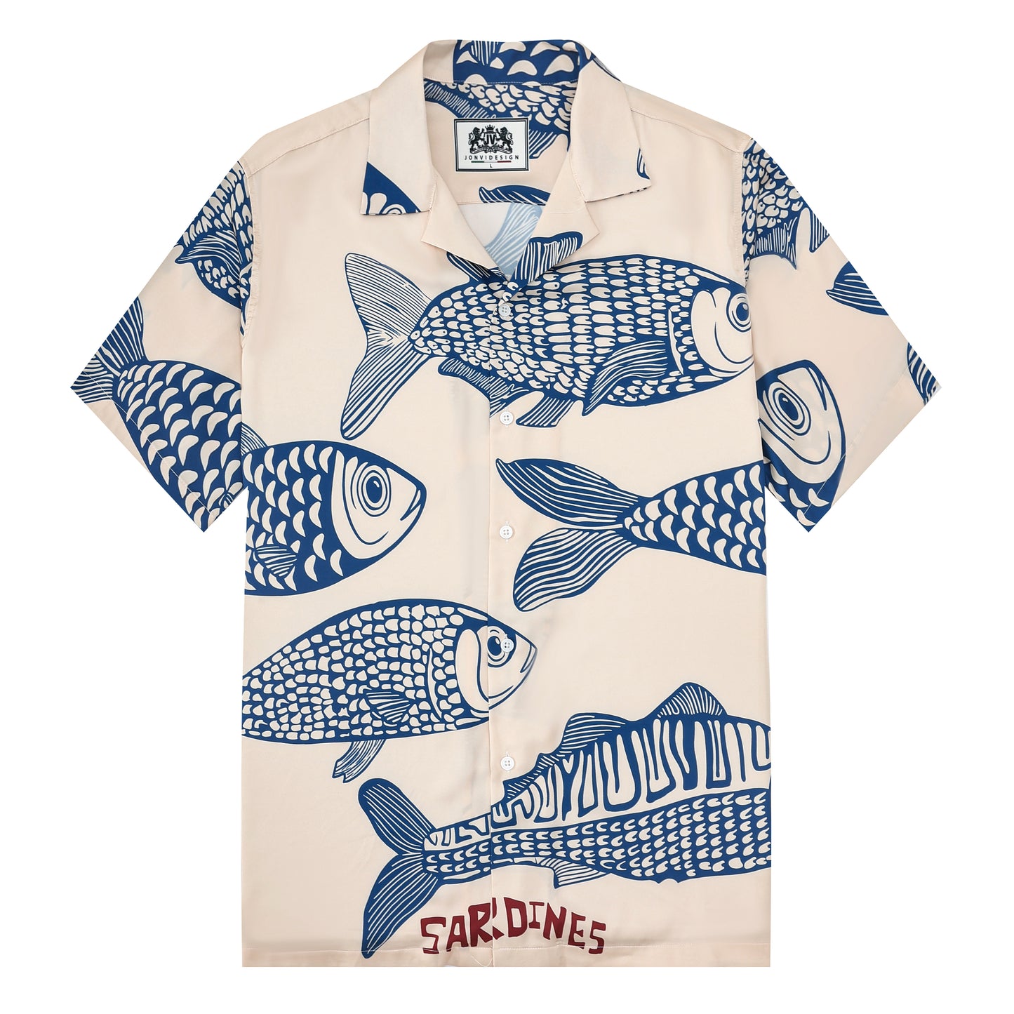 Vacation Wear Sardine Pattern Short Sleeve Camp Collar Shirt