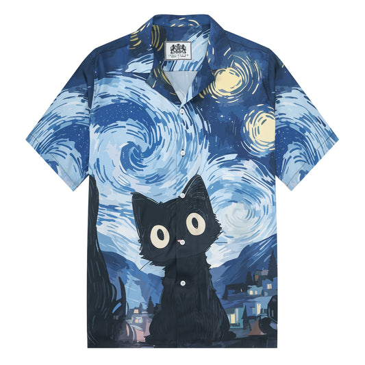 Cat Print Camp Collar Short Sleeve Shirt Abstract Art Style