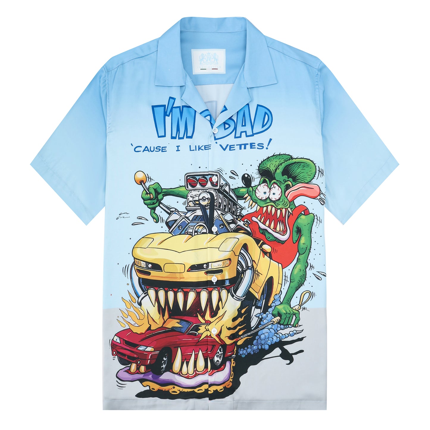 Modified Car Sky Blue Camping Collar Short-Sleeved Shirt