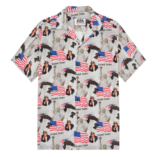 American Eagle Statue of Liberty Pattern Camp Collar Short Sleeve Shirt