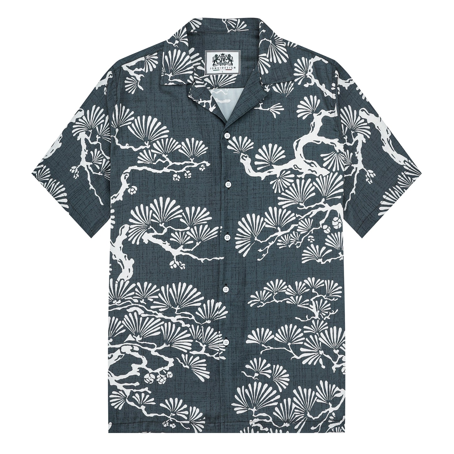 Pine Tree Print Design Camp Collar Short Sleeve Shirt