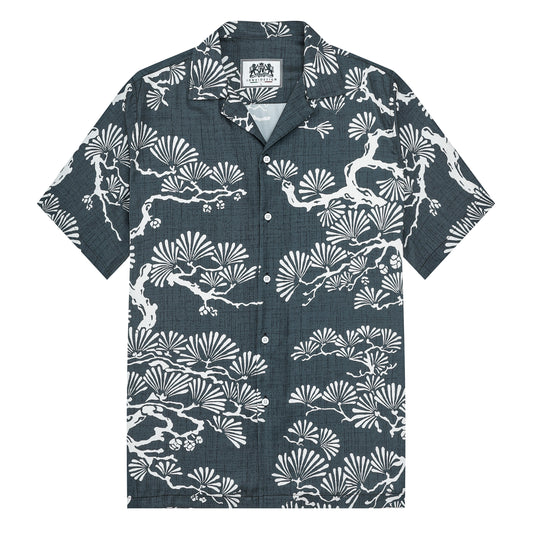 Pine Tree Print Design Camp Collar Short Sleeve Shirt