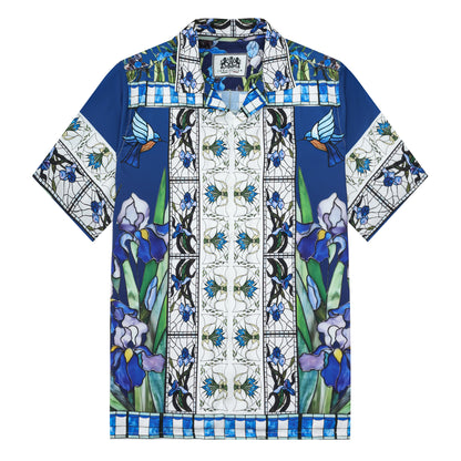 Blue Irises Floral Pattern Camp Collar Casual Shirt for Men（