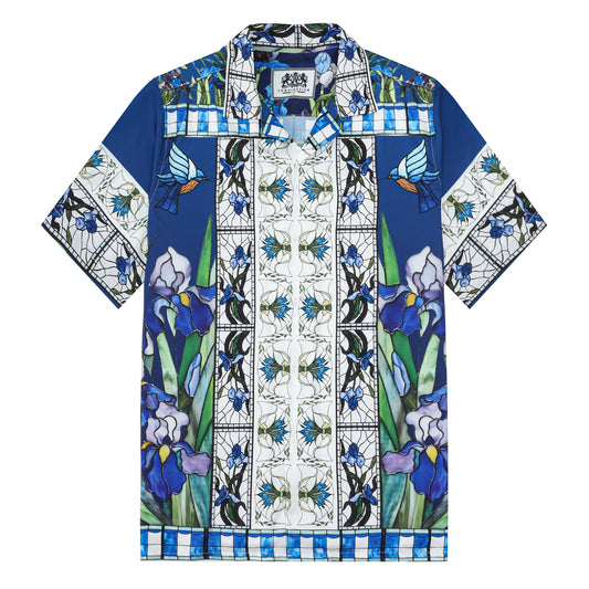 Blue Irises Floral Pattern Camp Collar Casual Shirt for Men