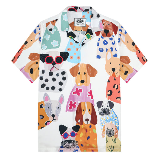 Puppy Paradise Print Camp Collar Short Sleeve Shirt