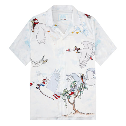 Red-crowned Crane Print Short Sleeve Camp Collar Shirt