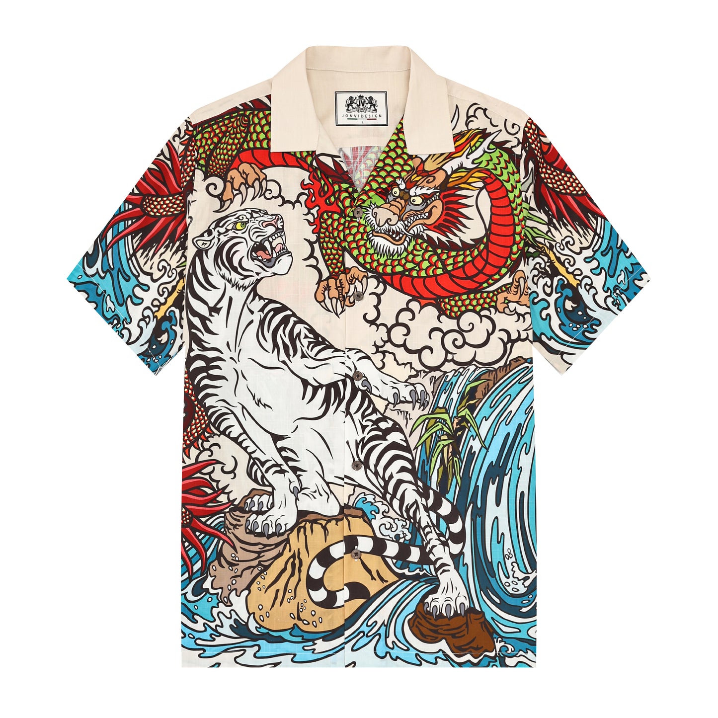 Japanese Tiger Dragon Printed Camp Collar Short Sleeve Shirt