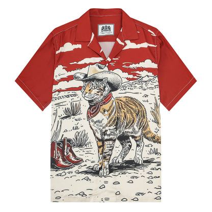 Western Cowboy Cat Print Camp Collar Short Sleeve Shirt