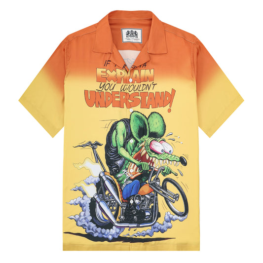 Mouse Riding Motorcycle Print Camp Collar Short Sleeve Shirt For Men