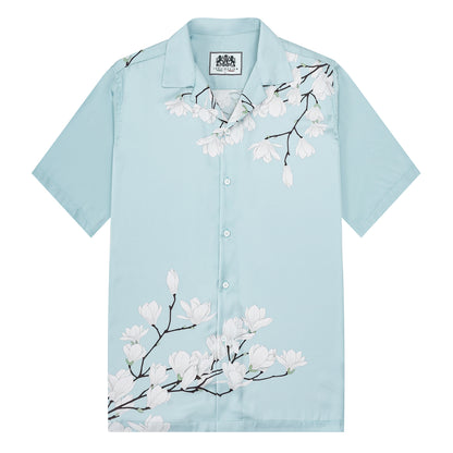 Pure White Floral Print Design Camp Collar Short Sleeve Shirt