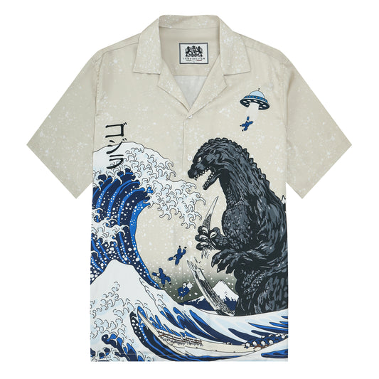 Godzilla Print Camp Collar Short Sleeve Shirt