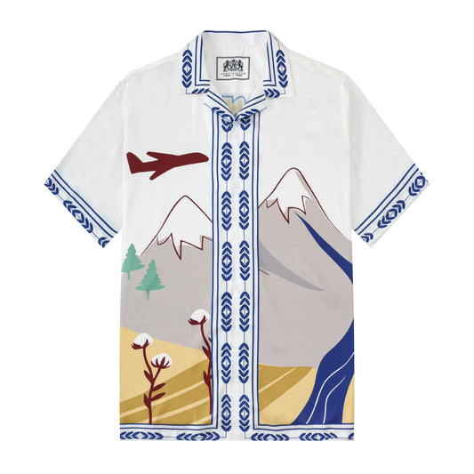 Snow Mountain Wind Turbine Pattern Short Sleeve Camp Collar Shirt