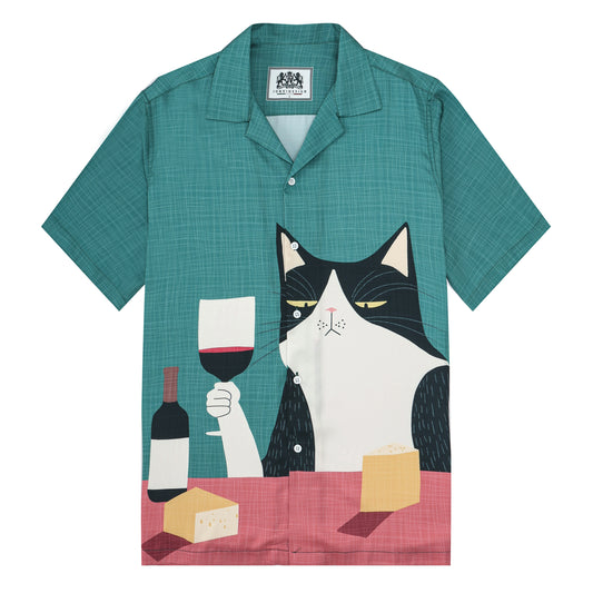 Cat Drinking Red Wine Print Camp Collar Short Sleeve Shirt