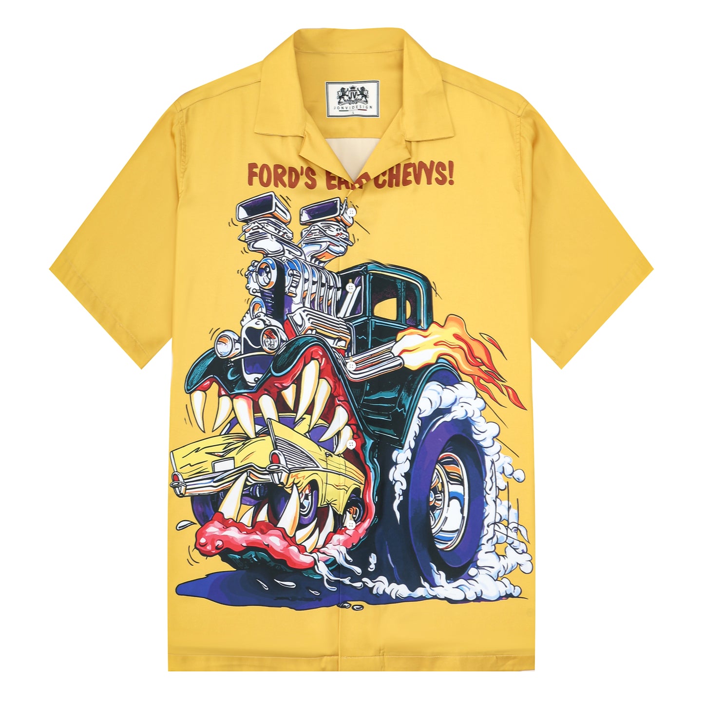 Modified Car Print Yellow Camping Collar Short-Sleeved Shirt