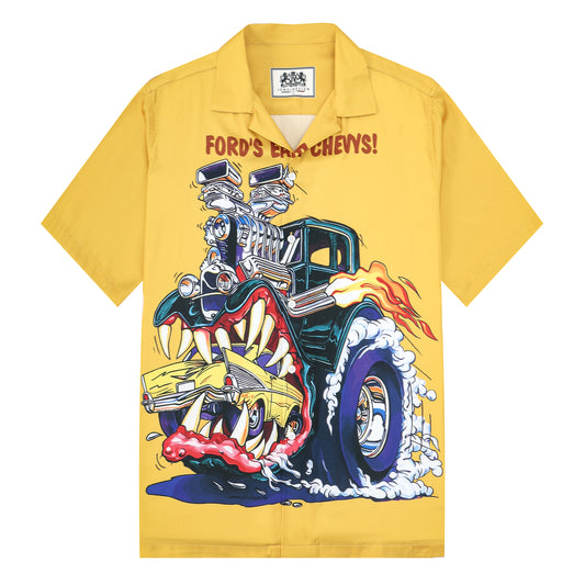 Modified Car Print Yellow Camping Collar Short-Sleeved Shirt