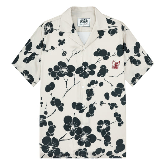 Black Plum Blossom Print Design Camp Collar Short Sleeve Shirt