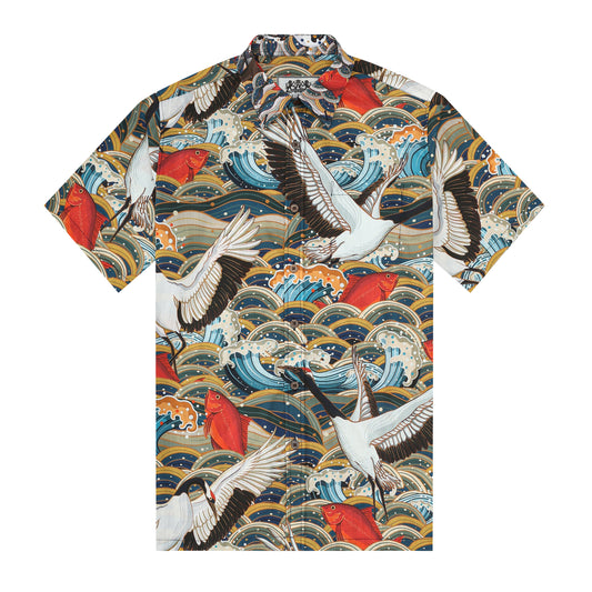 Crane Wave Koi Fish Pattern Button Short Sleeve Shirt