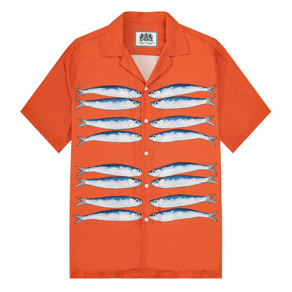 Sardine Pattern Orange  Camp Collar Short Sleeve Shirt