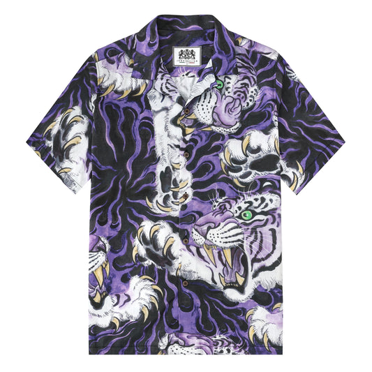 Ukiyo-e Tiger Printed Camp Collar Short Sleeve Shirt in Purple