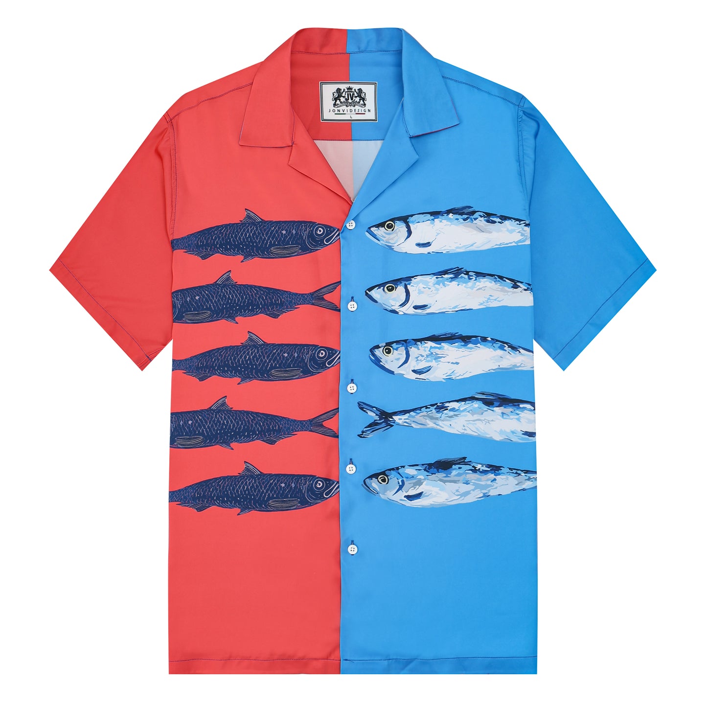 Splicing Color Sardine Print Camp Collar Short Sleeve Shirt