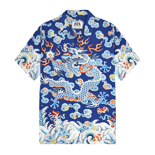Wave Dragon Printed Camp Collar Short Sleeve Shirt