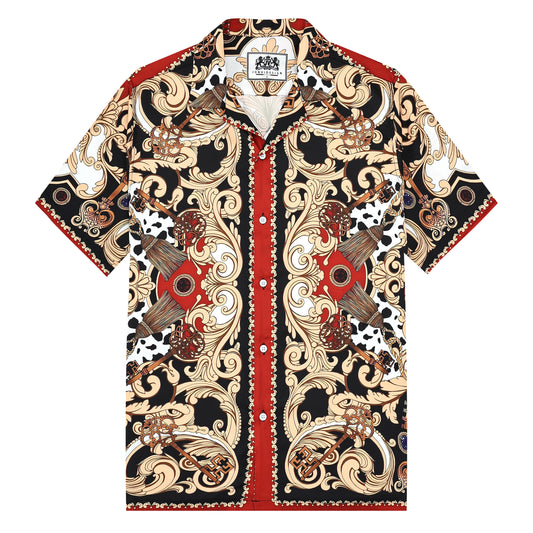 Red Baroque Pattern Camp Collar Casual Shirt for Men Jonvidesign