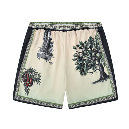 Greek Statue Olive Branch Pattern Silk Fiber Waistband Shorts