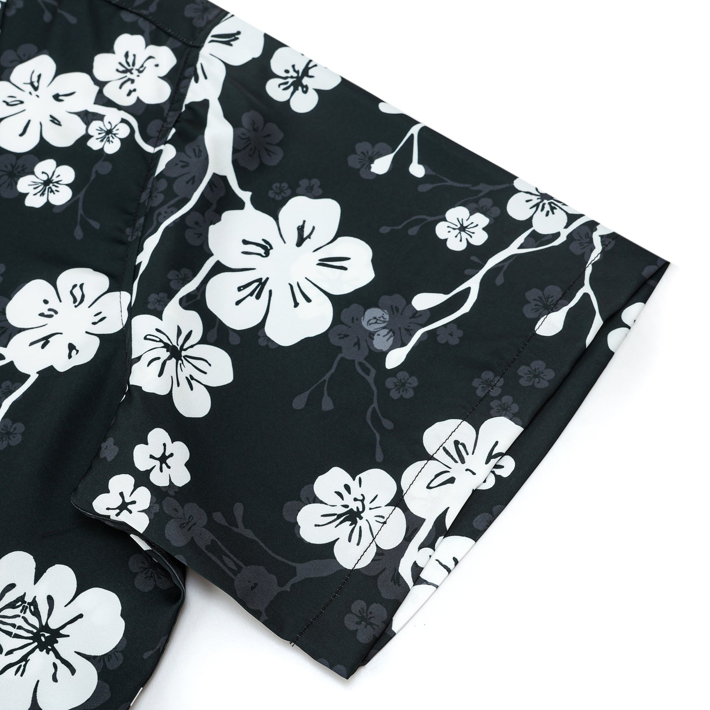 White Plum Blossom Print On Black Background Camp Collar Short Sleeve Shirt