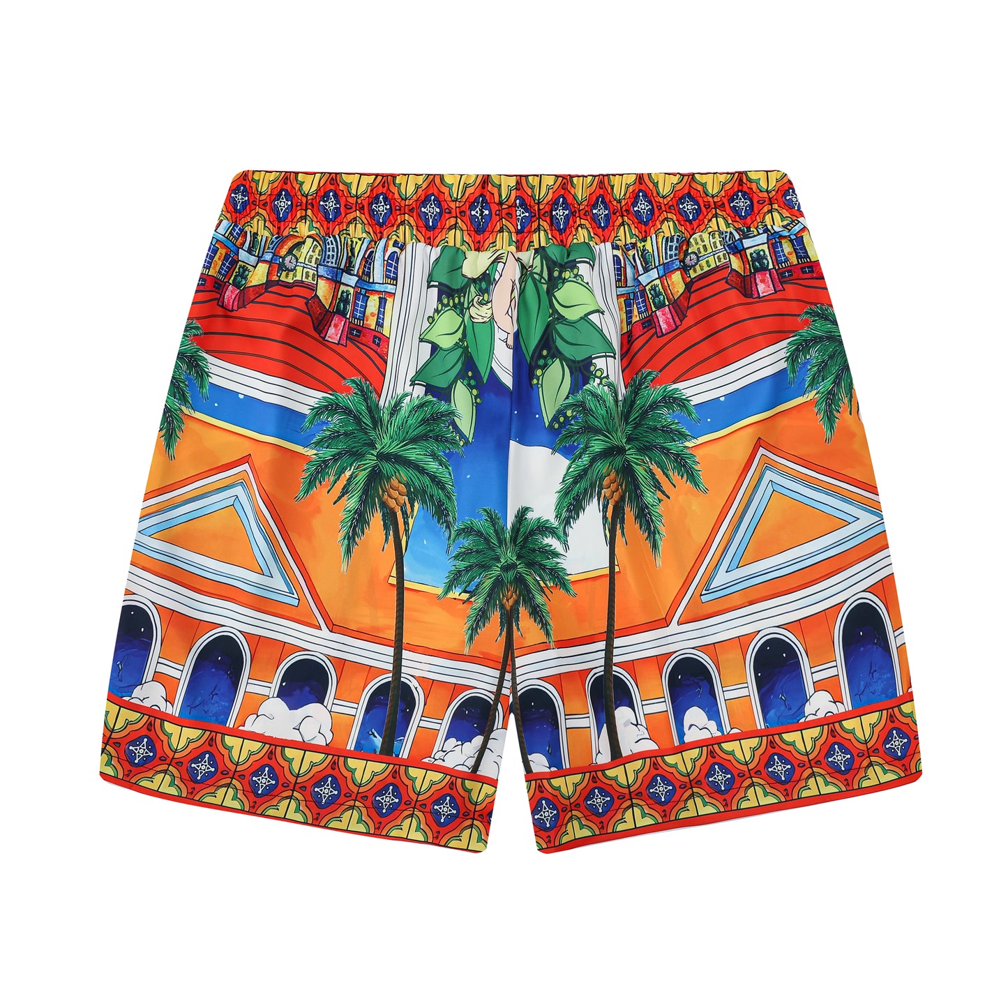 Olive Branch Pattern Elastic Waistband Summer Casual Shorts