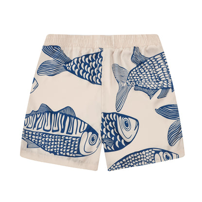 Vacation Wear Sardine Pattern Silk Fiber Waistband Shorts