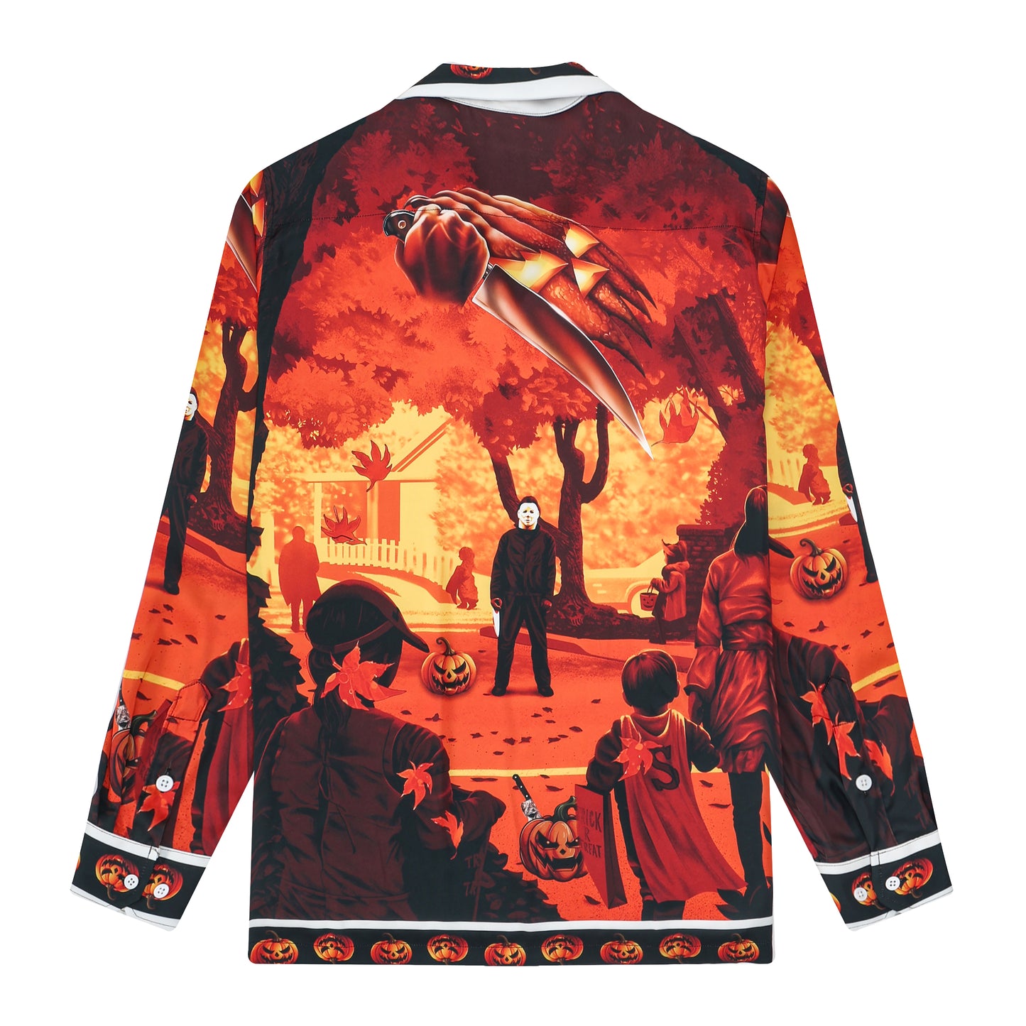 Halloween Autumn Leaves Print Long Sleeve Camp Collar Shirt