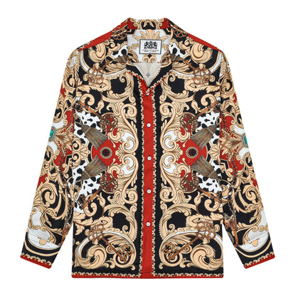 Baroque Print Long Sleeve Camp Collar Shirt