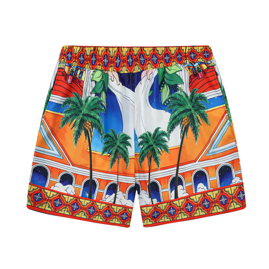 Olive Branch Pattern Elastic Waistband Summer Casual Shorts