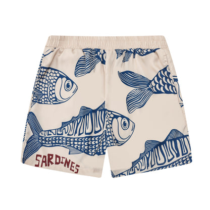 Vacation Wear Sardine Pattern Silk Fiber Waistband Shorts