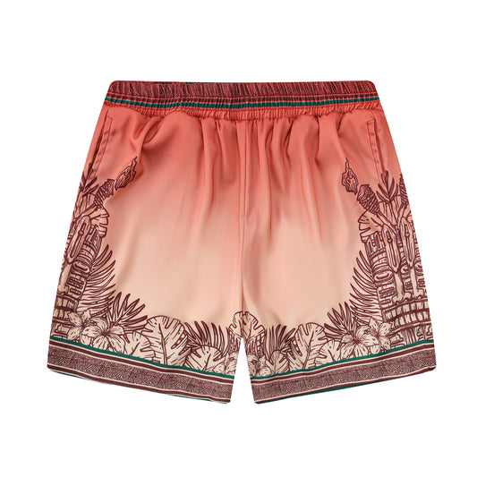 Palm Tree Tiki Themed Pattern Silk Fiber Waistband Shorts