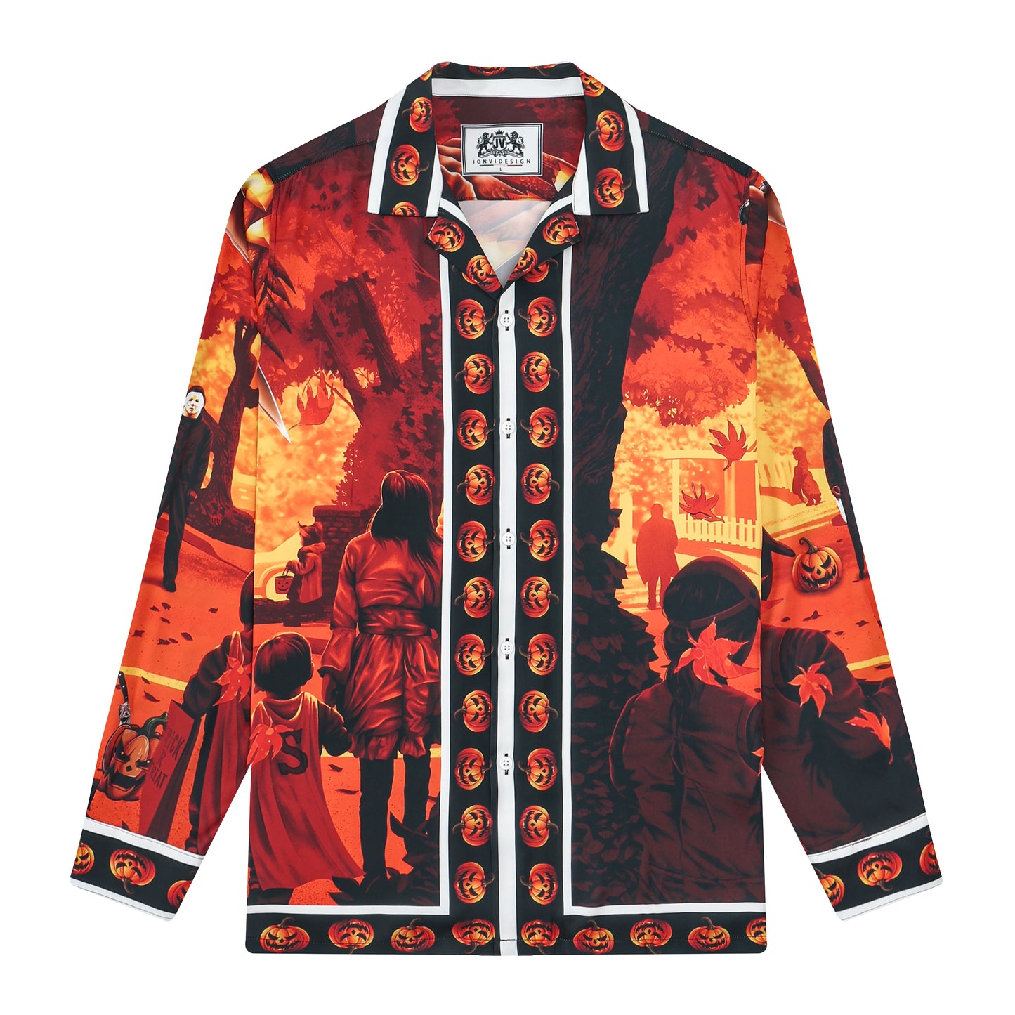 Halloween Autumn Leaves Print Long Sleeve Camp Collar Shirt