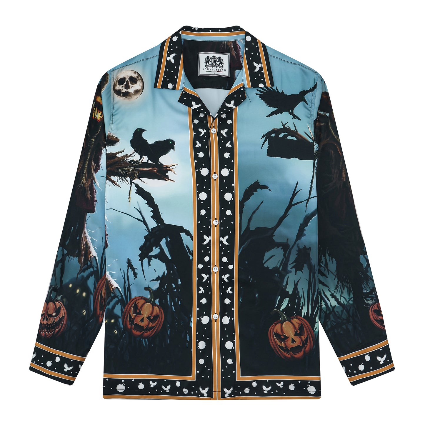 Halloween Scarecrow Long Sleeve Camp Collar Shirt